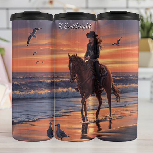 Cowgirl Beach Ride Sunset Gulls Thermosbecher