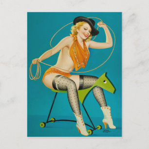 Cowgirl beim Lassoieren des Pferdes Pin Up Postkarte