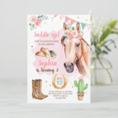 Cowgirl Birthday Invite Girl Horl Pink Wasserfarbe Einladung (Stehend Vorderseite)