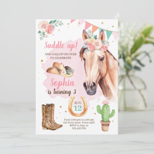 Cowgirl Birthday Invite Girl Horl Pink Wasserfarbe Einladung (Stehend Vorderseite)