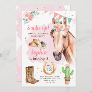 Cowgirl Birthday Invite Girl Horl Pink Wasserfarbe Einladung