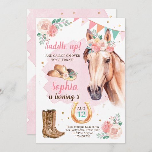 Cowgirl Birthday Invite Girl Horl Pink Wasserfarbe Einladung (Vorne/Hinten)