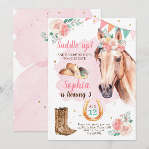 Cowgirl Birthday Invite Girl Horl Pink Wasserfarbe Einladung
