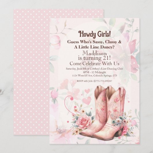 Cowgirl Birthday Line Dance Einladung (Vorne/Hinten)