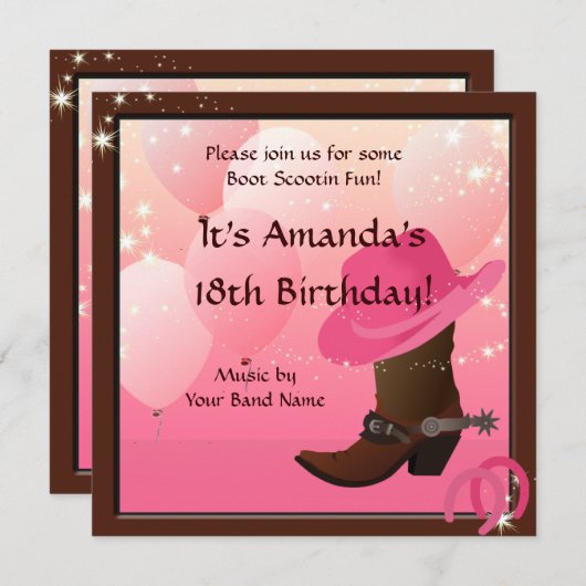 Cowgirl Birthday Party Boot Scottin Custom Einladung (Vorne/Hinten)