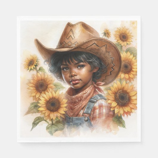 Cowgirl Black Child Sunflower Watercolor Serviette (Vorderseite)