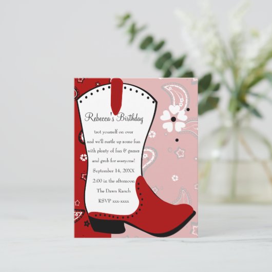 Cowgirl Boot Birthday Einladung (Stehend Vorderseite)