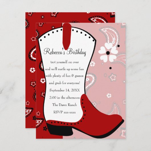 Cowgirl Boot Birthday Einladung (Vorne/Hinten)
