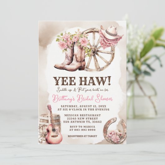 Cowgirl Boot Floral Western Brautparty Einladung (Stehend Vorderseite)