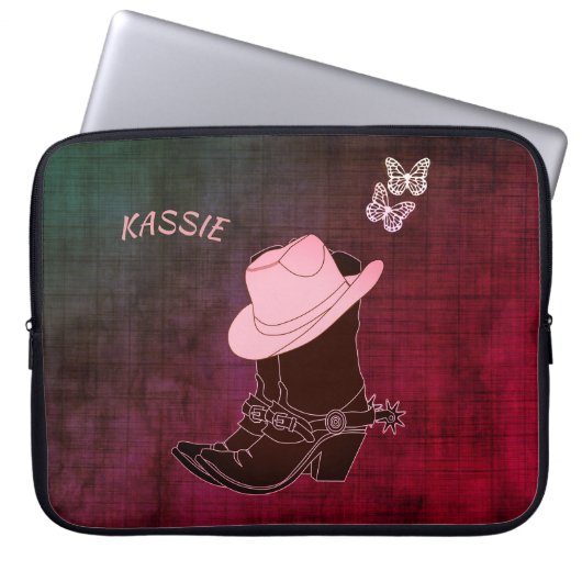 Cowgirl Boots Hat Butterfly Burgundy Personalisier Laptopschutzhülle (Vorderseite)