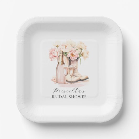 Cowgirl Boots Peonies Blush Pink BRAUTPARTY Pappteller (Vorderseite)
