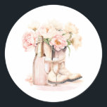 Cowgirl Boots Peonies Blush Pink BRIDAL SHOWER Runder Aufkleber<br><div class="desc">Lovely delicate bridal shower stickers. COWGIRL BOOTS Champagne glasses. Bouquet in blush pink cream beige watercolor peonies ,  peony flowers with greenery.   Perfect for any shower party theme; summer,  spring or any time of year.  Easy editable template; color,  text,  font can be changed.</div>