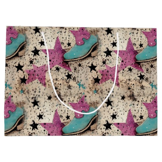Cowgirl Boots Star Studded Retro Muster Große Geschenktüte (Rückseite)