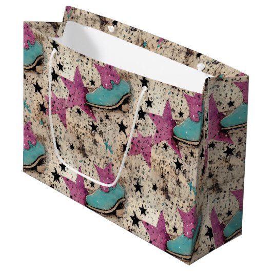 Cowgirl Boots Star Studded Retro Muster Große Geschenktüte (Vorderseite Schrägansicht)