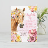 Cowgirl, brown horse, saddle up birthday invite. einladung (Stehend Vorderseite)