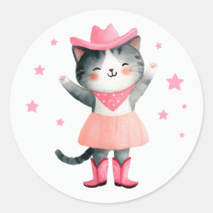 Cowgirl Cat Pastell Pink Niedlich Watercolor Weste Runder Aufkleber