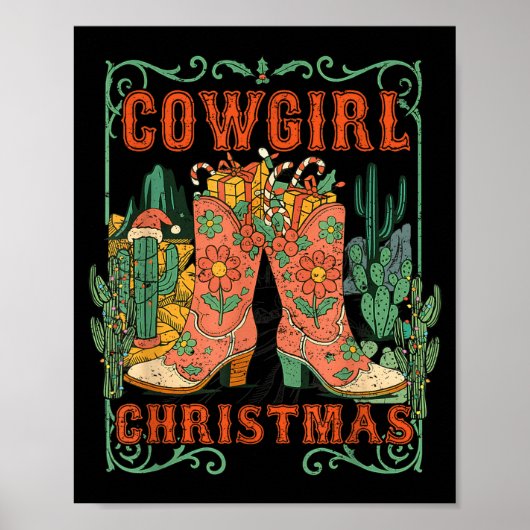 Cowgirl Christmas Boots Cactus Retro Western Holid Poster (Vorne)