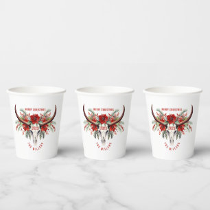 Cowgirl Christmas Floral Bull Sugar Skull Pappbecher