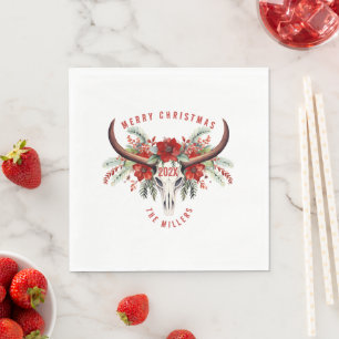 Cowgirl Christmas Floral Bull Sugar Skull Serviette