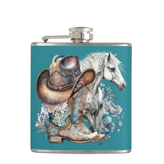 Cowgirl Cowboy Stiefel hat Blumenstrauß Western Flachmann (Vorderseite)