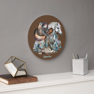 Cowgirl Cowboy Stiefel hat Blumenstrauß Western Große Wanduhr