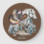 Cowgirl Cowboy Stiefel hat Blumenstrauß Western Große Wanduhr (Vorderseite)