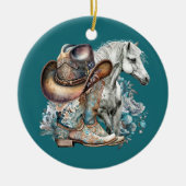 Cowgirl Cowboy Stiefel hat Blumenstrauß Western Keramik Ornament (Vorne)