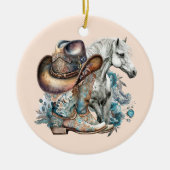 Cowgirl Cowboy Stiefel hat Blumenstrauß Western Keramik Ornament (Vorne)