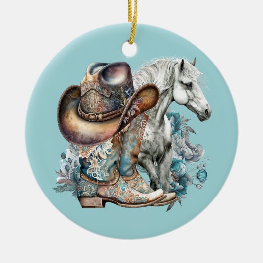 Cowgirl Cowboy Stiefel hat Blumenstrauß Western Keramik Ornament (Vorne)