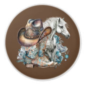 Cowgirl Cowboy Stiefel hat Blumenstrauß Western Keramikknauf (Vorderseite)