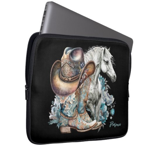 Cowgirl Cowboy Stiefel hat Blumenstrauß Western Laptopschutzhülle (Vorne Rechts)