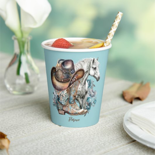 Cowgirl Cowboy Stiefel hat Blumenstrauß Western Pappbecher (In Situ)