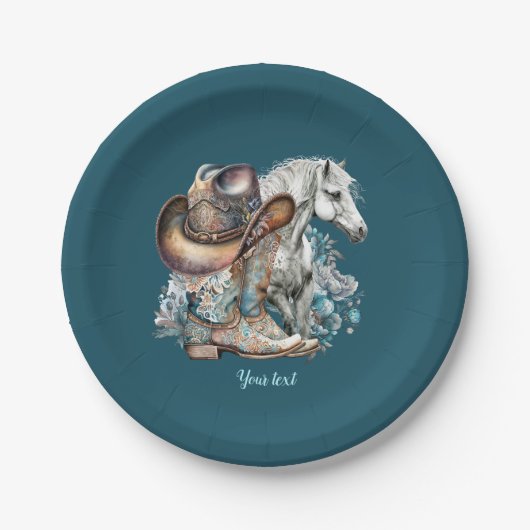 Cowgirl Cowboy Stiefel hat Blumenstrauß Western Pappteller (Vorderseite)