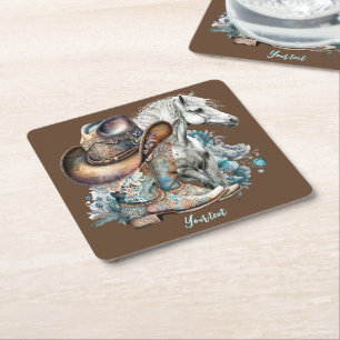 Cowgirl Cowboy Stiefel hat Blumenstrauß Western Rechteckiger Pappuntersetzer