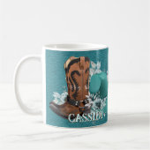 Cowgirl Cowboy Stiefel mit türkisfarbenem Ledernam Kaffeetasse (Links)