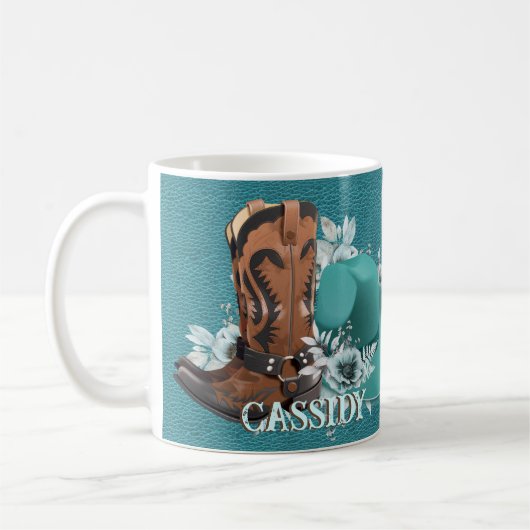 Cowgirl Cowboy Stiefel mit türkisfarbenem Ledernam Kaffeetasse (Links)