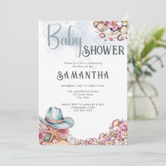 Cowgirl Cowgirl Baby Dusche Party Blume Muscheln Einladung (Stehend Vorderseite)