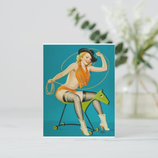 Cowgirl, die das Pferd-Button hochrennen Postkarte (Stehend Vorderseite)
