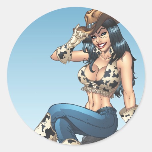 Cowgirl, die ihren Cowboy-Hut-Illustration Runder Aufkleber (Vorderseite)