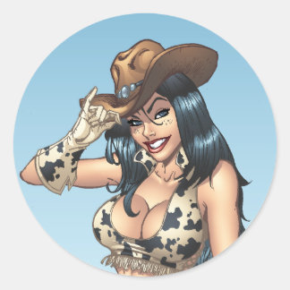 Cowgirl, die ihren Cowboy-Hut-Illustration Runder Aufkleber