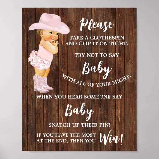 Cowgirl Don't say Baby Clothespin Baby Shower Game Poster (Vorne)