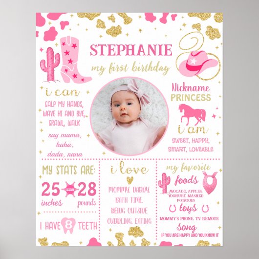 Cowgirl First Birthday Milestone sign (1074) Poster (Vorne)