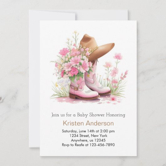 Cowgirl Hat and Boots Watercolor Baby Shower Einladung (Vorderseite)