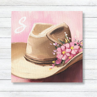 Cowgirl-Hat-Leinwand mit rosa Wildblumen Monogram Leinwanddruck