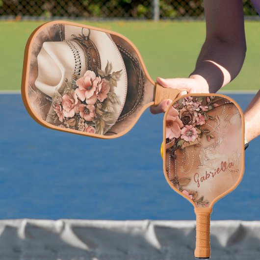 Cowgirl Hat Peach Flowers Personalized Pickleball Schläger
