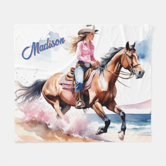 Cowgirl Horseback Riding on Beach by Ocean Custom Fleecedecke (Vorderseite (Horizontal))