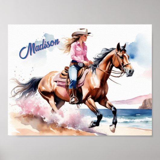 Cowgirl Horseback Riding on Beach by Ocean Custom Poster (Vorne)