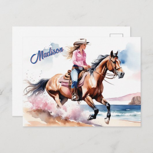 Cowgirl Horseback Riding on Beach by Ocean Custom Postkarte (Vorne/Hinten)