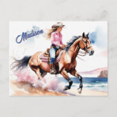 Cowgirl Horseback Riding on Beach by Ocean Custom Postkarte (Vorderseite)