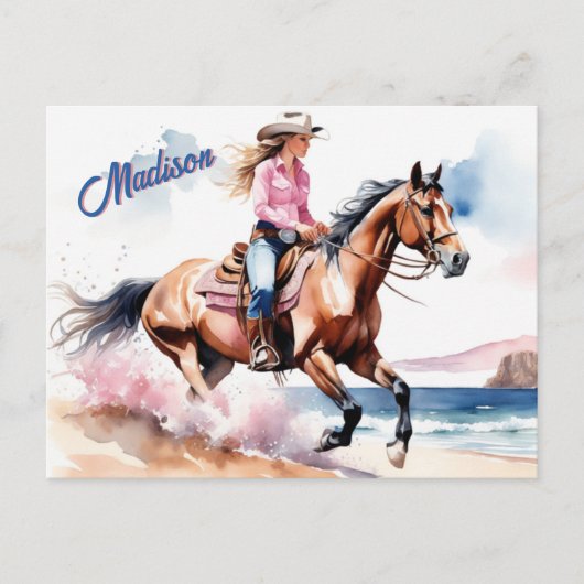 Cowgirl Horseback Riding on Beach by Ocean Custom Postkarte (Vorderseite)